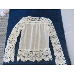 PC Chau Liu Blouse White Sheer Crochet Long Bell S